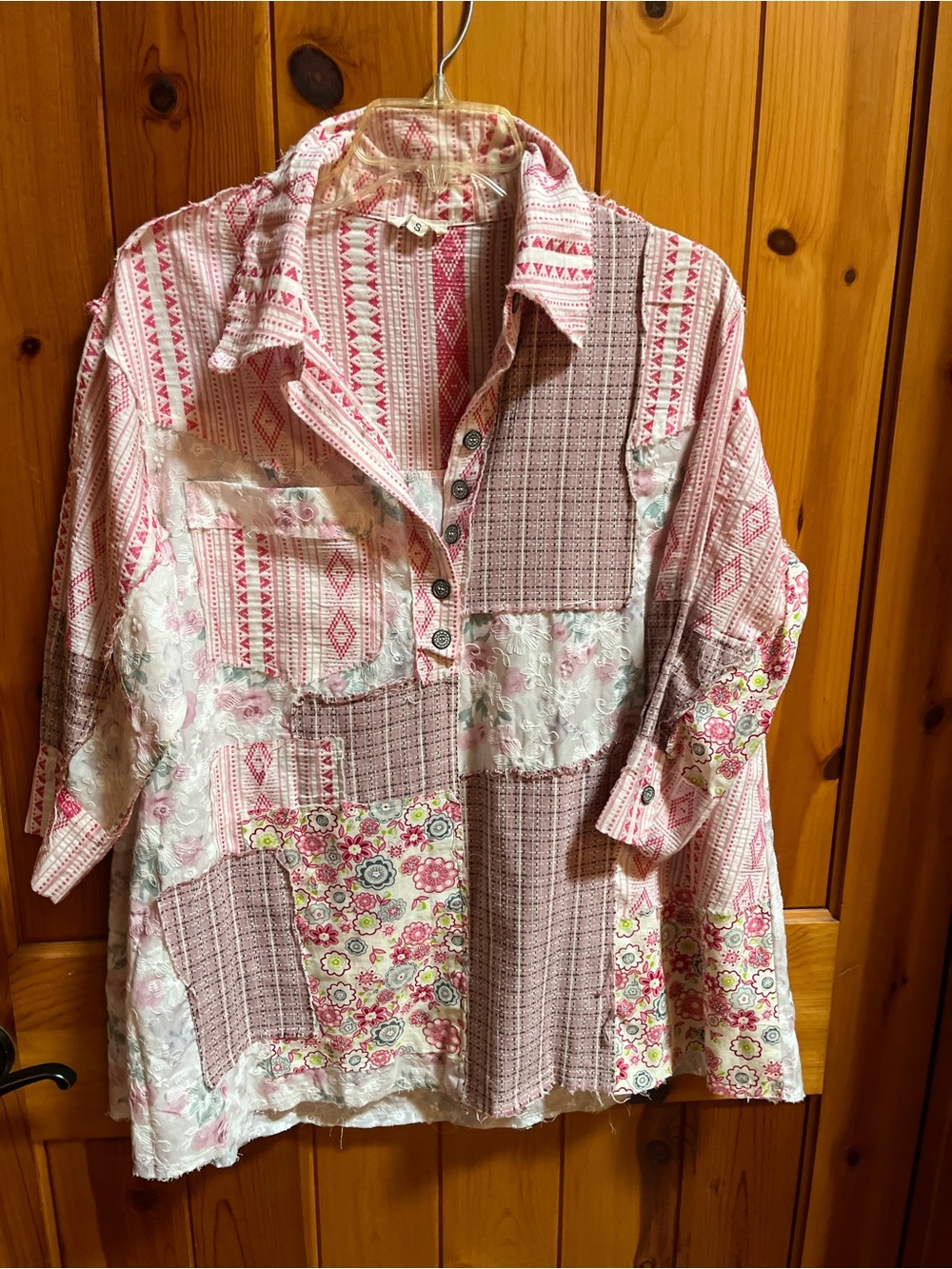 POL Pink and Cream Patchwork Print Button Shirt